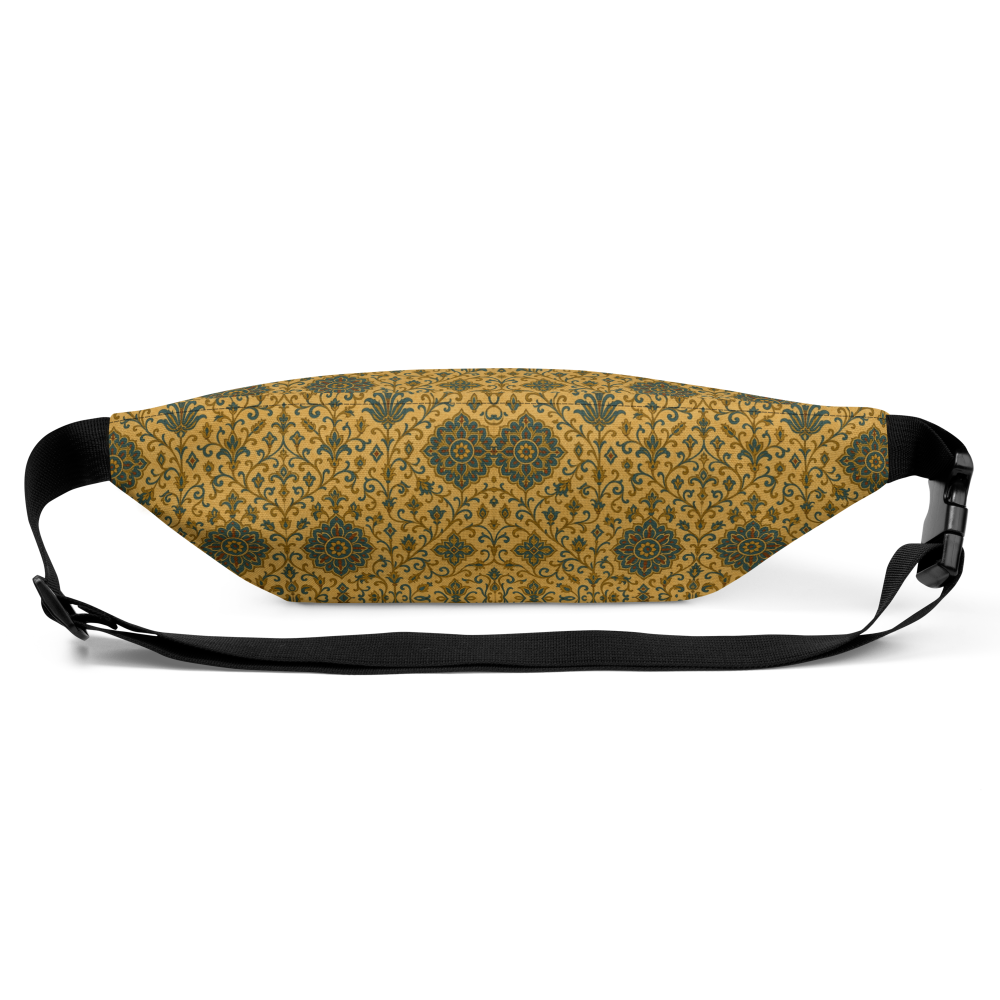 Fanny pack with a gold and black pattern on a white background