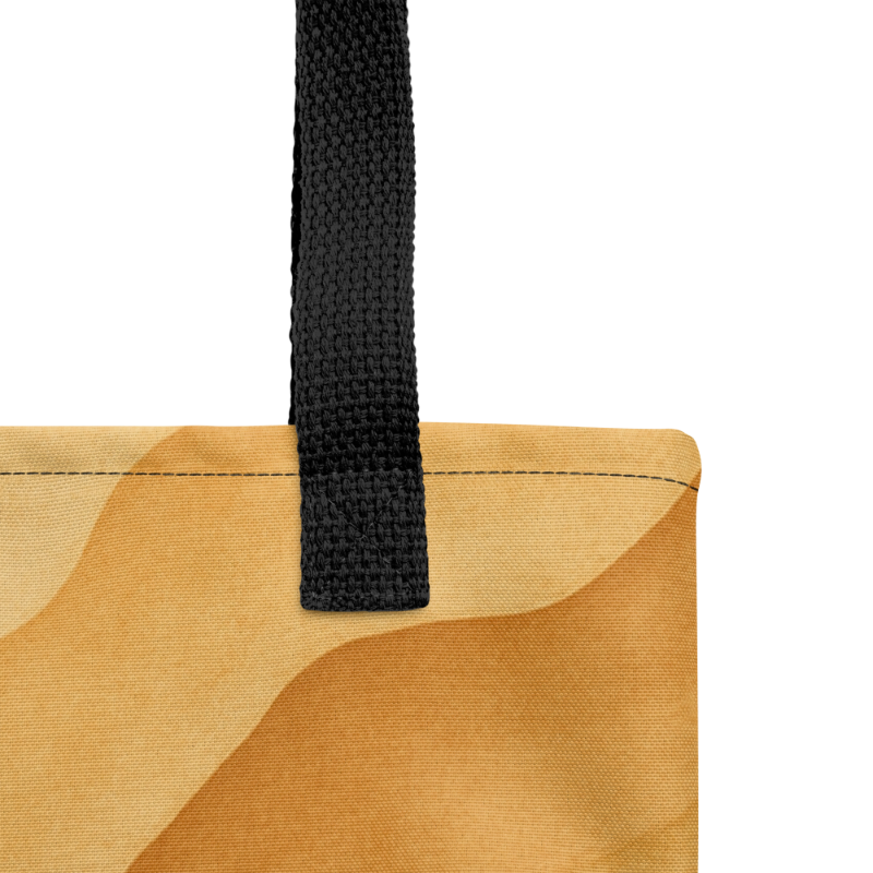 Case Temple Temple Dune tote bag detail view showing black fabric, desert camouflage pattern, and handle construction