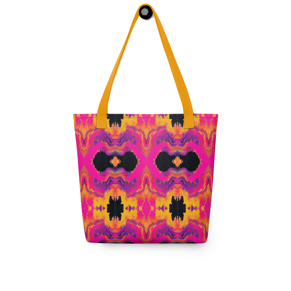 Tote bag with a colorful abstract pattern on a white background
