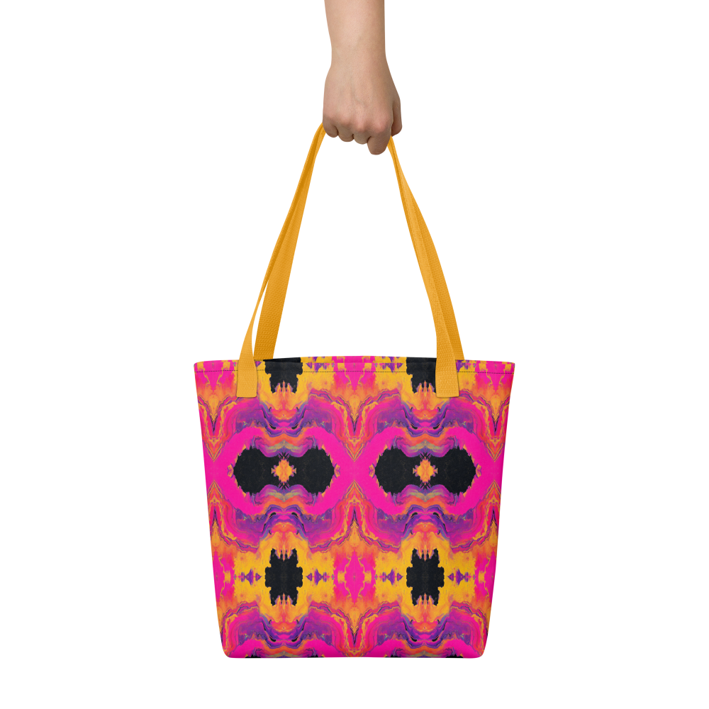 Tote bag with a colorful abstract pattern held by a hand on a white background