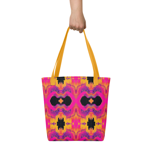 Tote bag with a colorful abstract pattern held by a hand on a white background