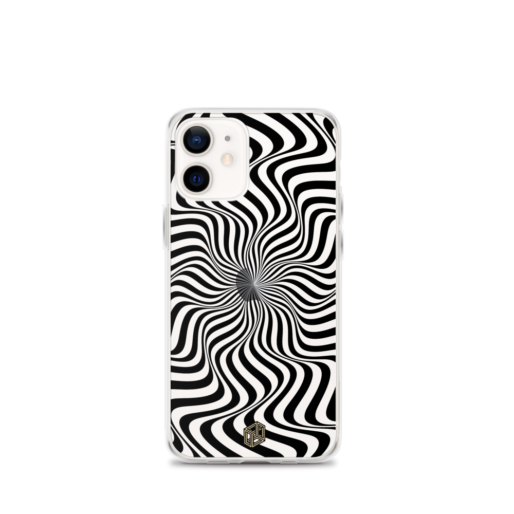 A phone case with a black and white spiral pattern, featuring a camera cutout at the top left corner and a logo at the bottom right.