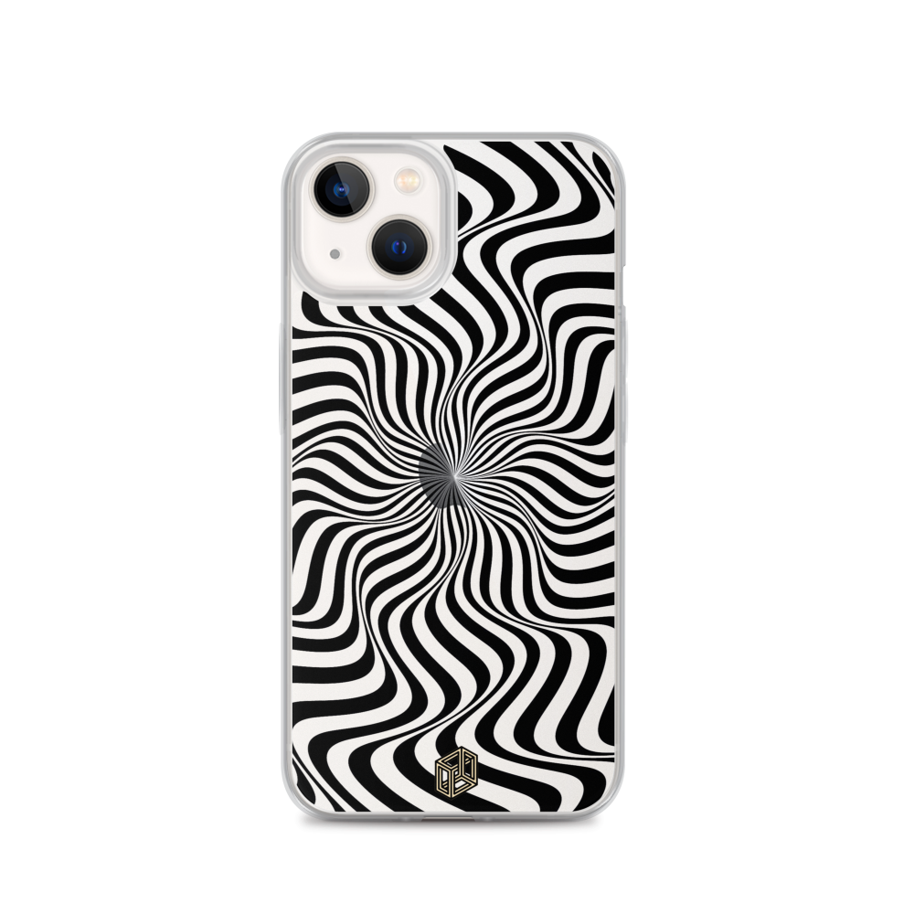 A phone case with a black and white spiral pattern, featuring a camera cutout at the top left corner and a logo at the bottom right.