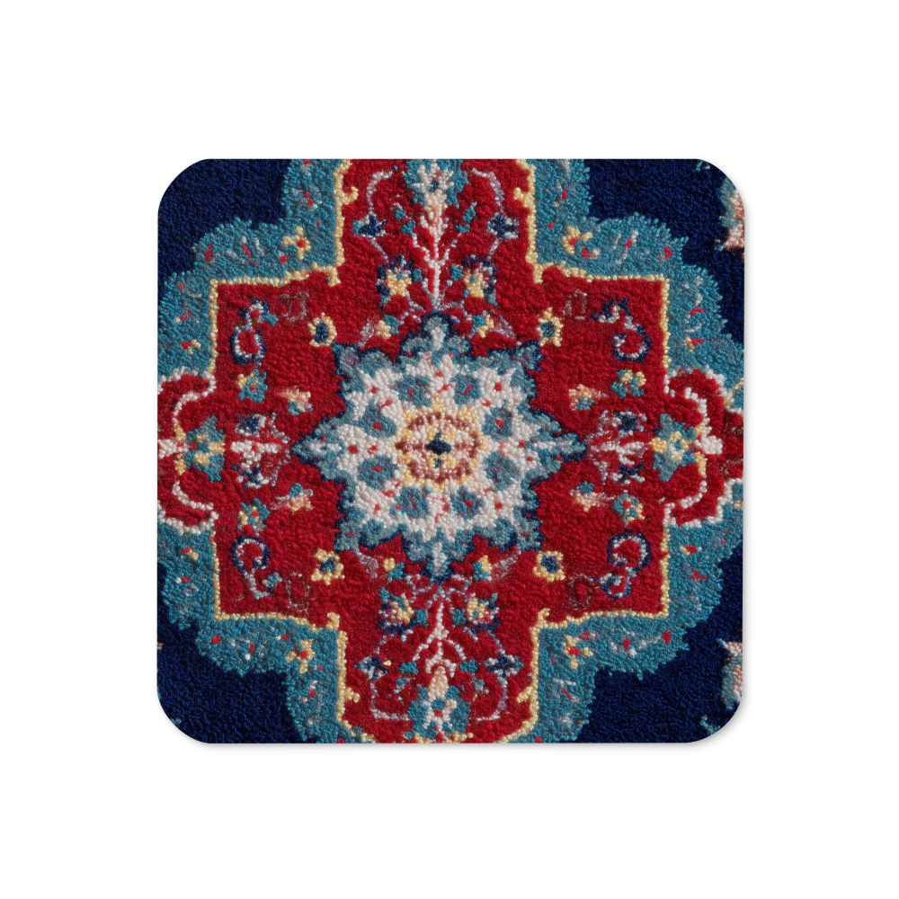 A coaster with a red and blue pattern on a white background