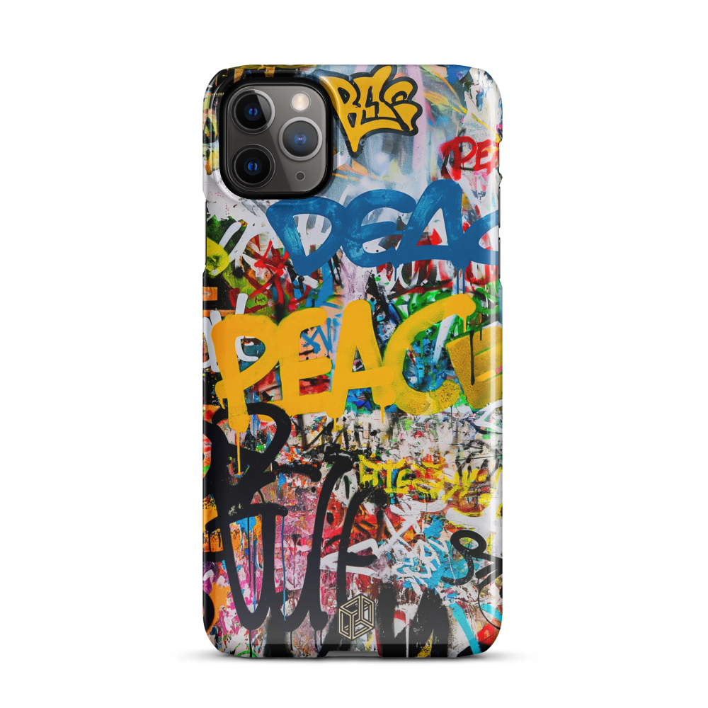 An iPhone case with a colorful graphic design featuring text and abstract art.
