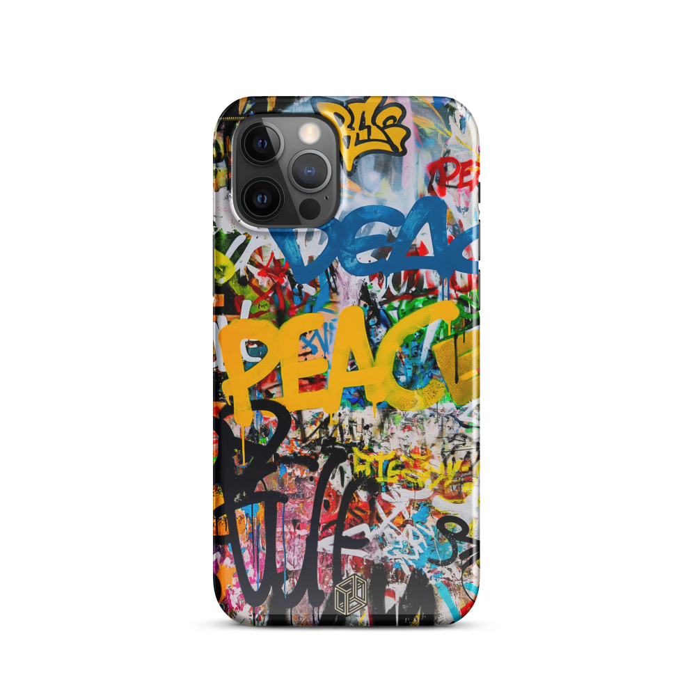 An iPhone case with a colorful graphic design featuring text and abstract art.