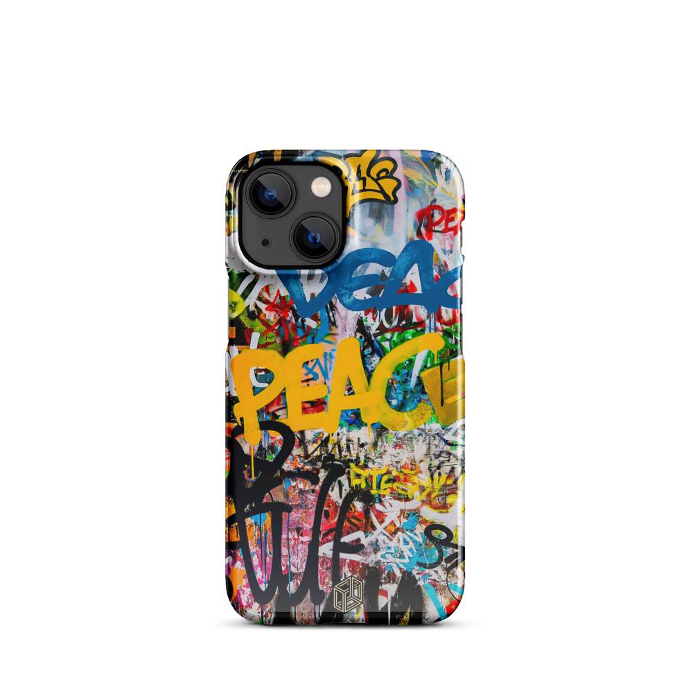 An iPhone case with a colorful graphic design featuring text and abstract art.