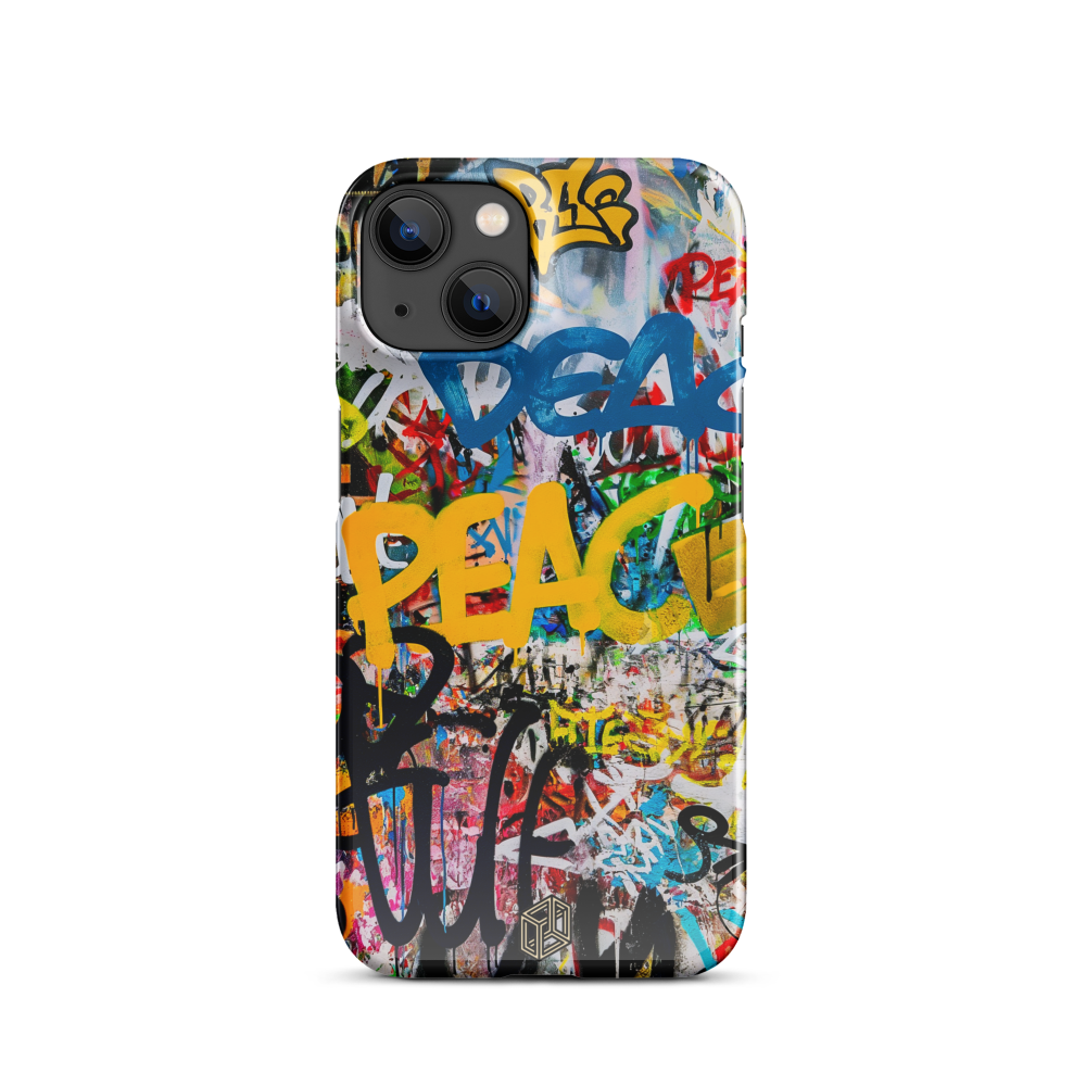 iPhone case with colorful graffiti design and 'PEACE' text on a white background