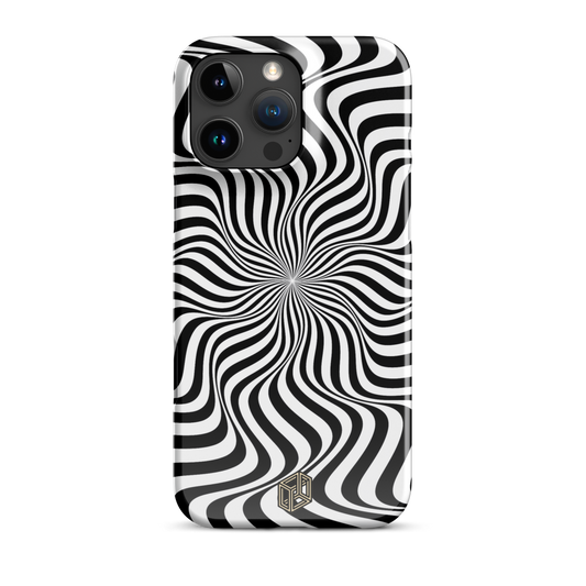 A phone case with a black and white spiral pattern, featuring a camera cutout at the top left corner and a logo at the bottom right.
