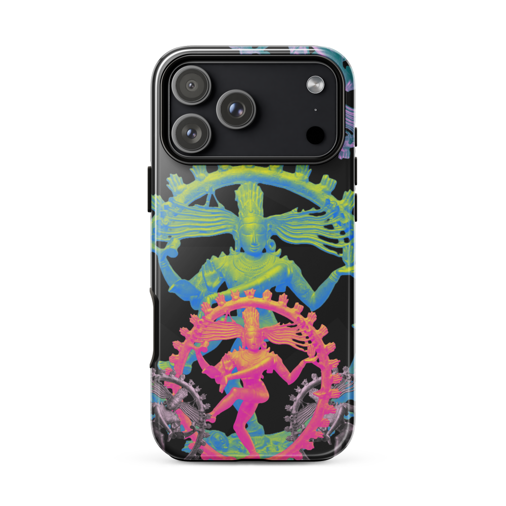 Phone case with colorful Nataraja design on a black background