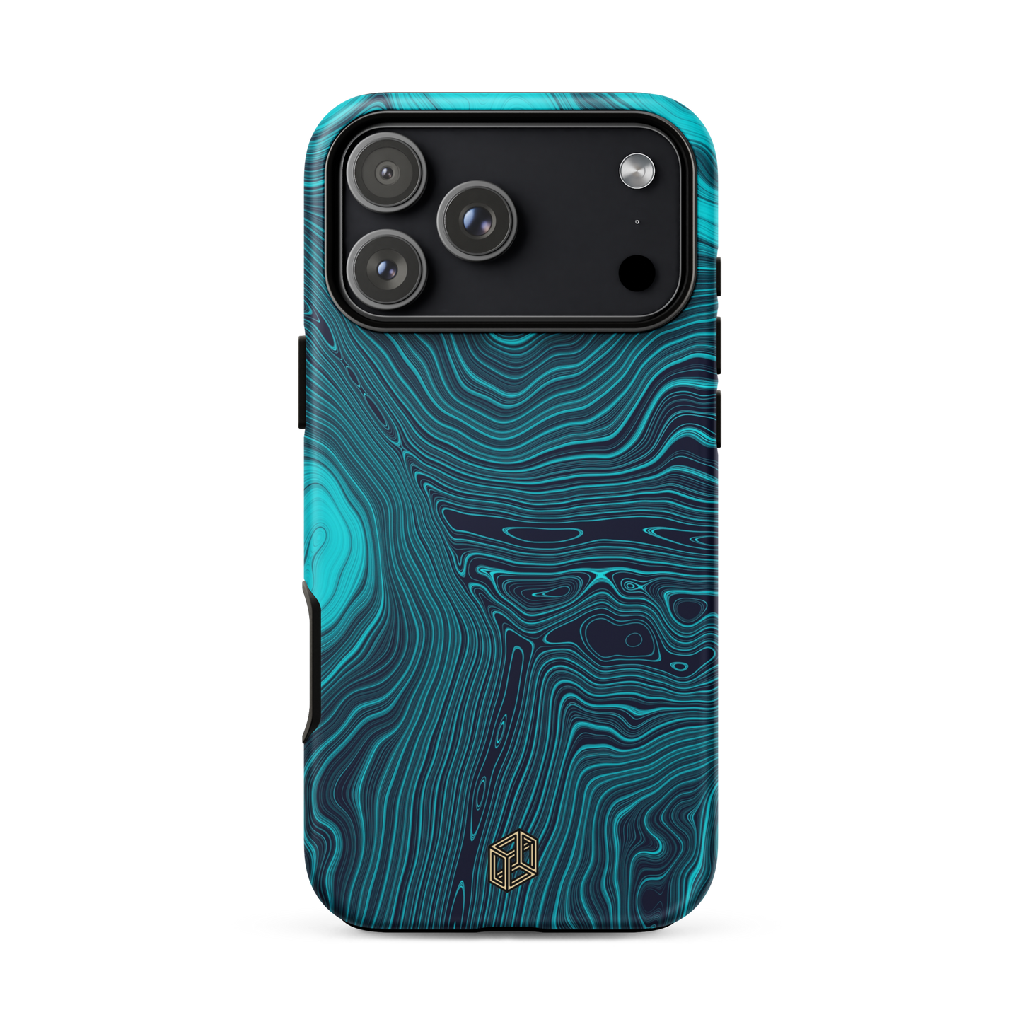 Phone case with blue and black marbled pattern on a white background