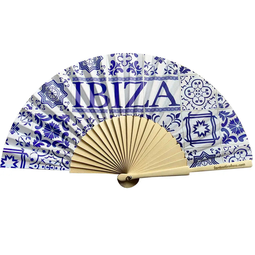 Handheld fan with blue and white pattern and 'IBIZA' text on a white background