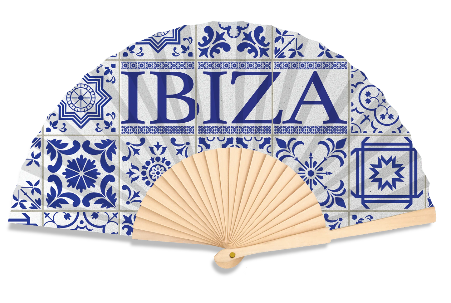 Handheld fan with blue and white tiled design featuring the word 'IBIZA'.