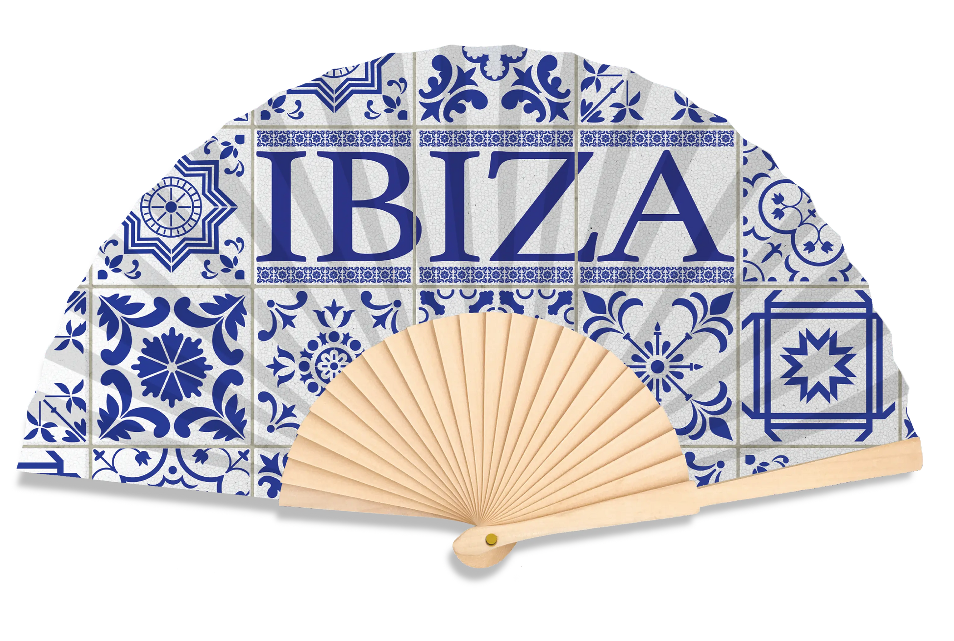Handheld fan with blue and white tiled design featuring the word 'IBIZA'.