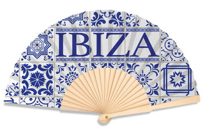 Handheld fan with blue and white tiled design featuring the word 'IBIZA'.