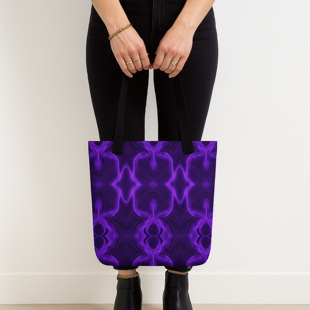 Person holding a purple patterned tote bag against a plain background. Synthwave totebag. Casetemple.