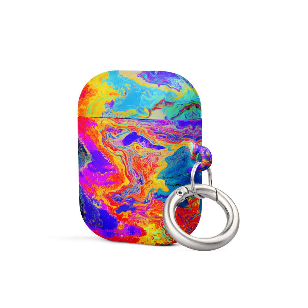 Psychedelic AirPods case with metal carabiner clip side view