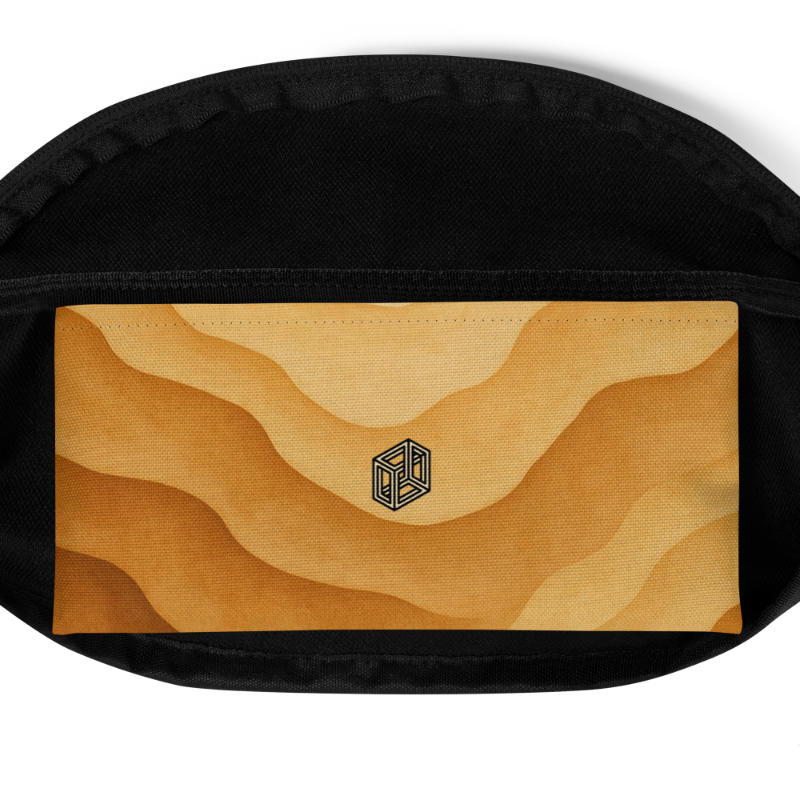 Case Temple Temple Dune desert camouflage fanny pack pocket detail, front zipper compartment and print texture close-up.