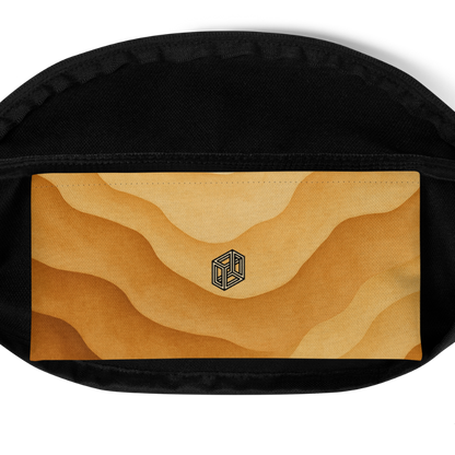 Case Temple Temple Dune desert camouflage fanny pack pocket detail, front zipper compartment and print texture close-up.