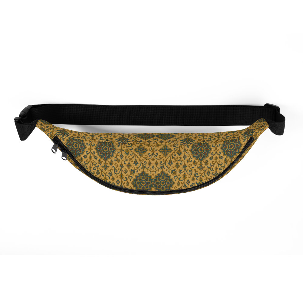 Fanny pack with black and gold pattern on a white background