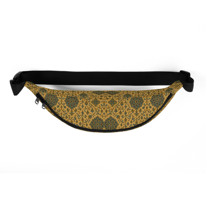Fanny pack with black and gold pattern on a white background