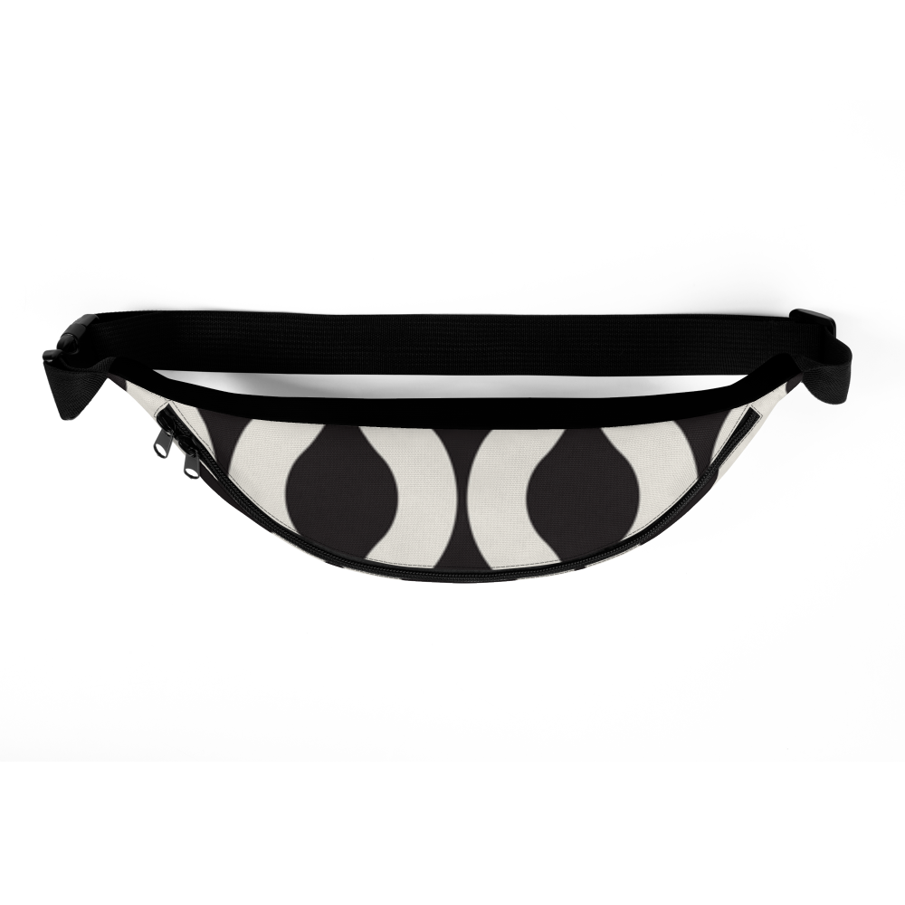 Black and white striped fanny pack on a white background