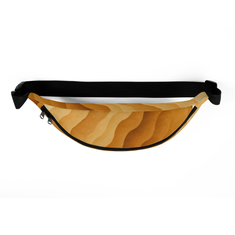Case Temple Temple Dune desert camouflage fanny pack top view, dual zipper sliders and adjustable belt strap.