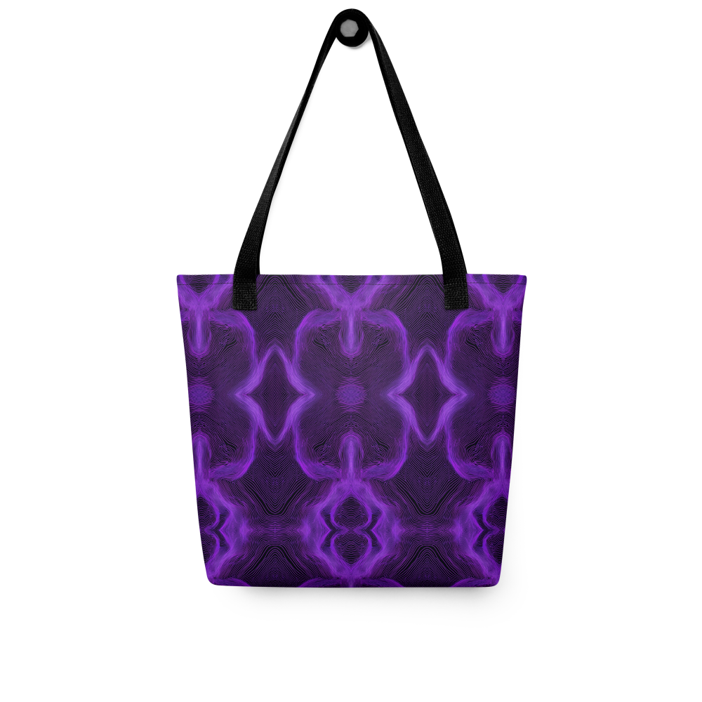 Tote bag with purple and black pattern on a white background
