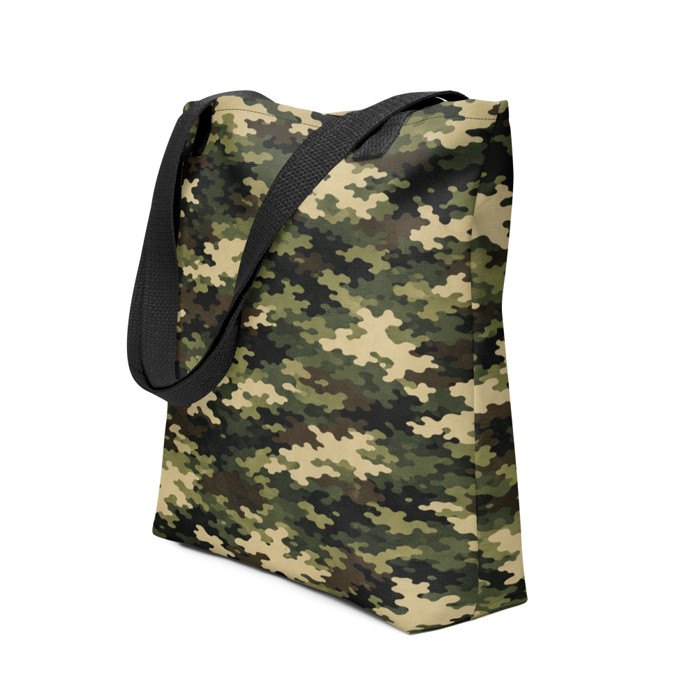 Case Temple Forest Camouflage tote bag black front view with woodland camo pattern and all-over print