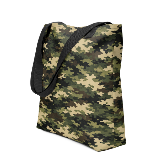 Case Temple Forest Camouflage tote bag black front view with woodland camo pattern and all-over print