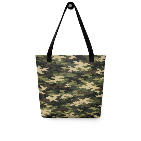 Case Temple Forest Camo tote bag black variant with woodland camouflage print and natural cotton handles