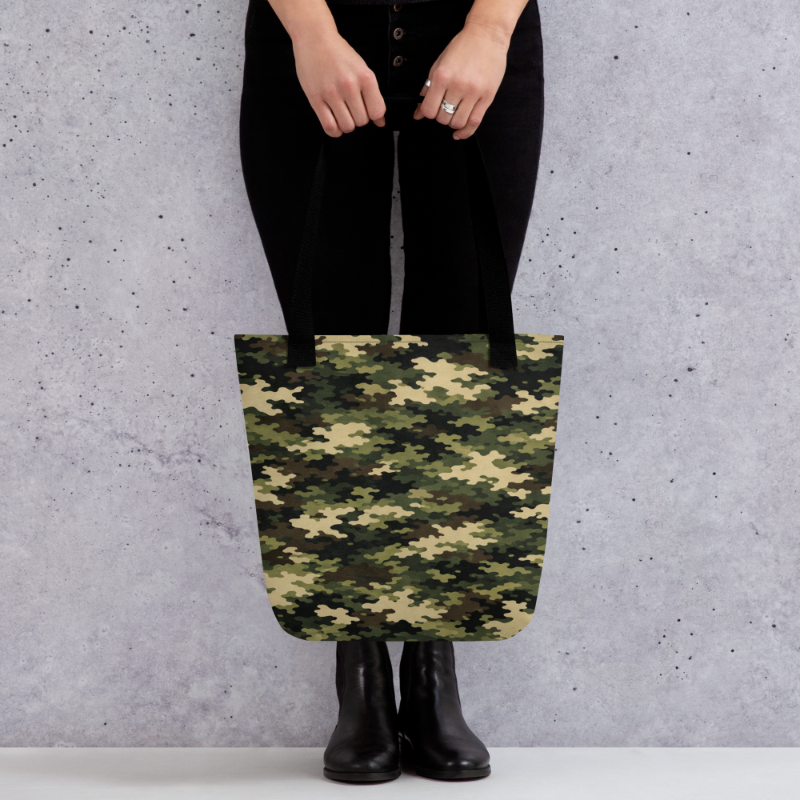Case Temple Forest Camouflage tote bag lifestyle mockup with woodland camo design and natural cotton straps