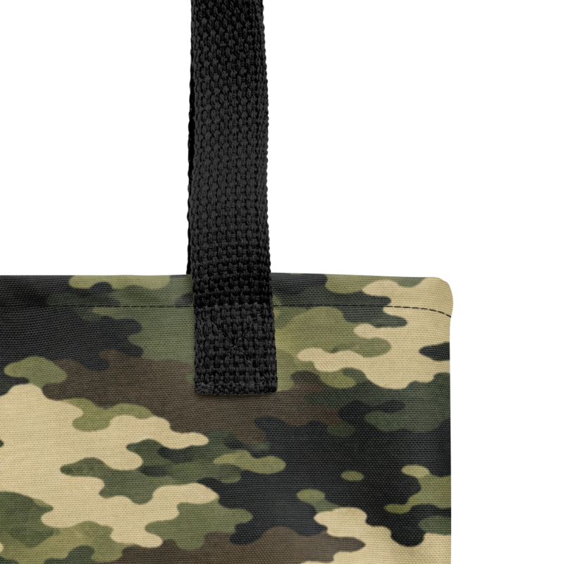 Case Temple Forest Camouflage tote bag detail showing black fabric, woodland camo print, and handle construction