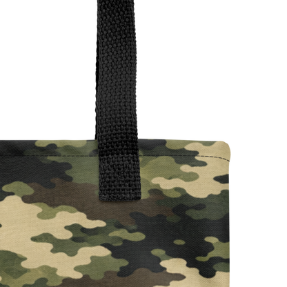 Case Temple Forest Camouflage tote bag detail showing black fabric, woodland camo print, and handle construction