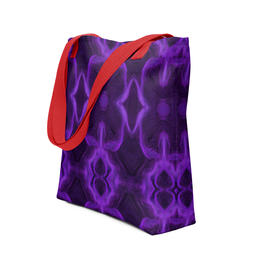 Purple tote bag with red handle on a white background
