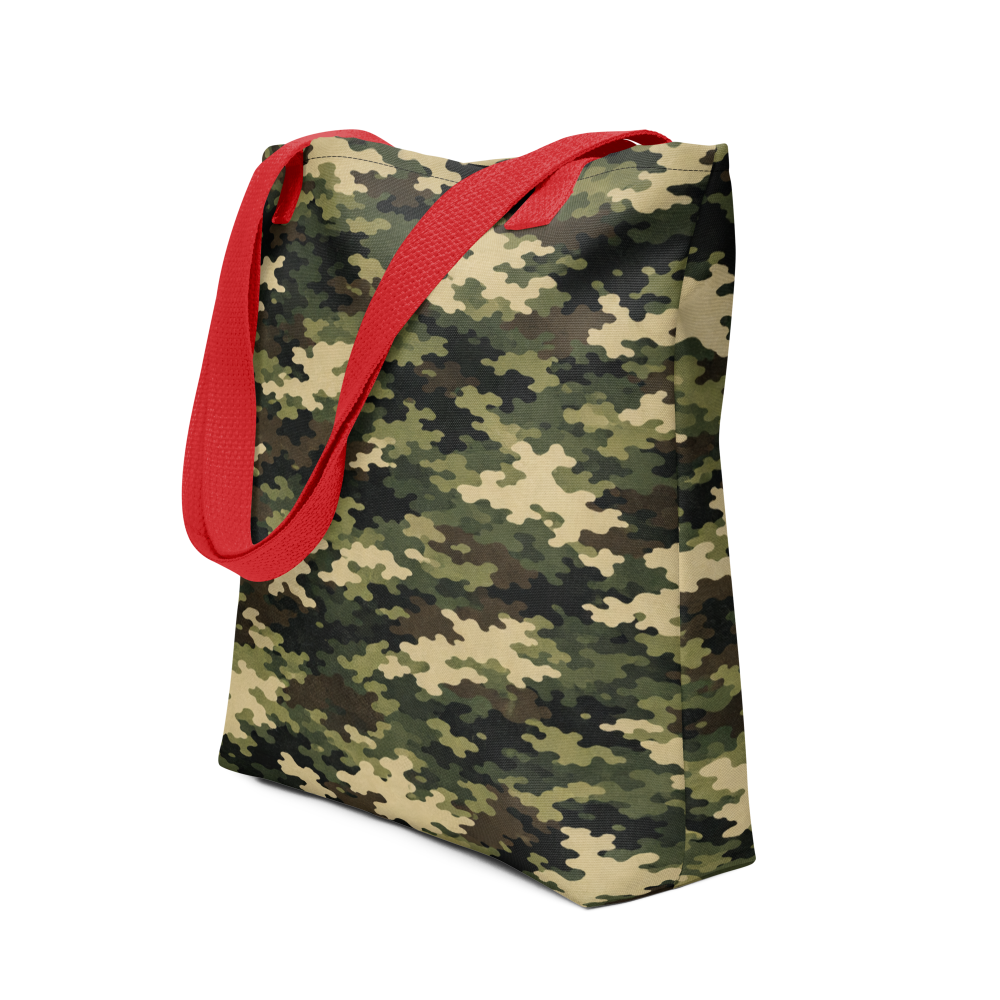 Case Temple Forest Camouflage tote bag red front view featuring classic woodland camo carryall design