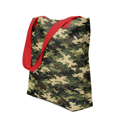 Case Temple Forest Camouflage tote bag red front view featuring classic woodland camo carryall design