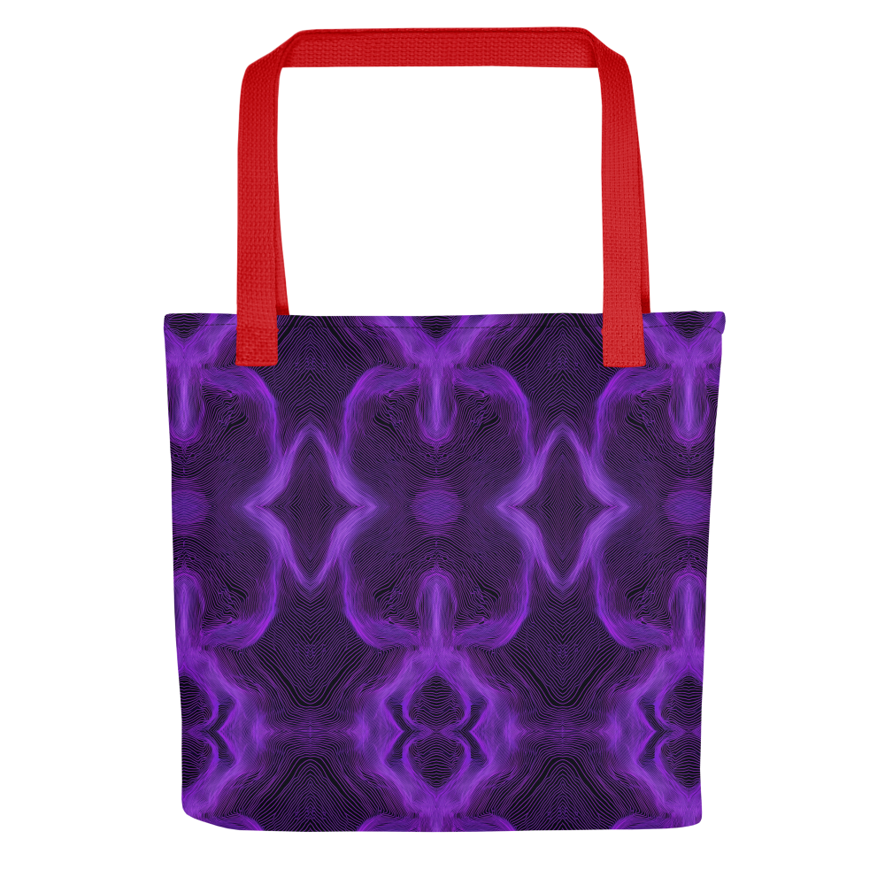 Tote bag with purple abstract pattern and red handles on a white background