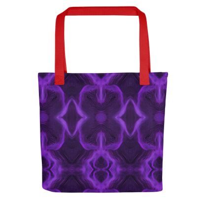 Tote bag with purple abstract pattern and red handles on a white background