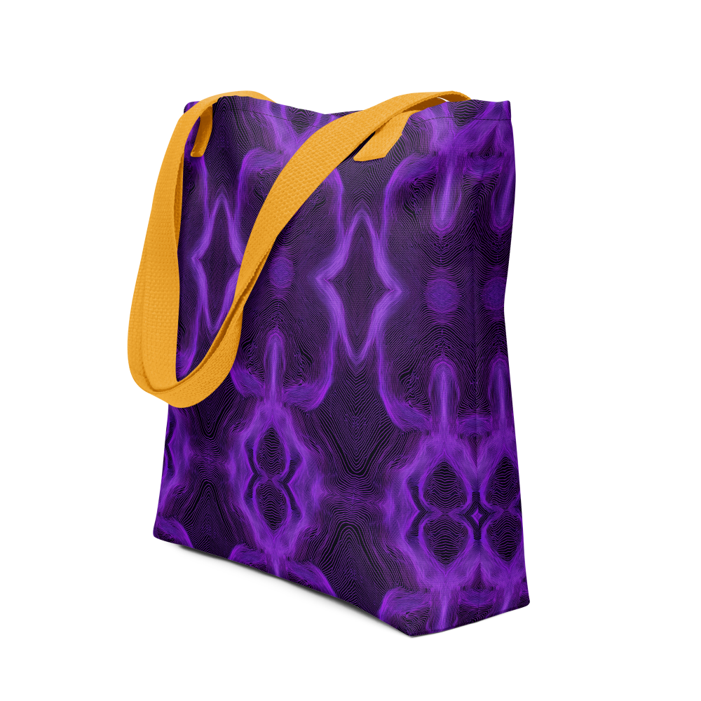 Tote bag with purple abstract pattern and yellow handle on a white background