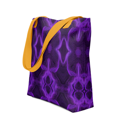 Tote bag with purple abstract pattern and yellow handle on a white background