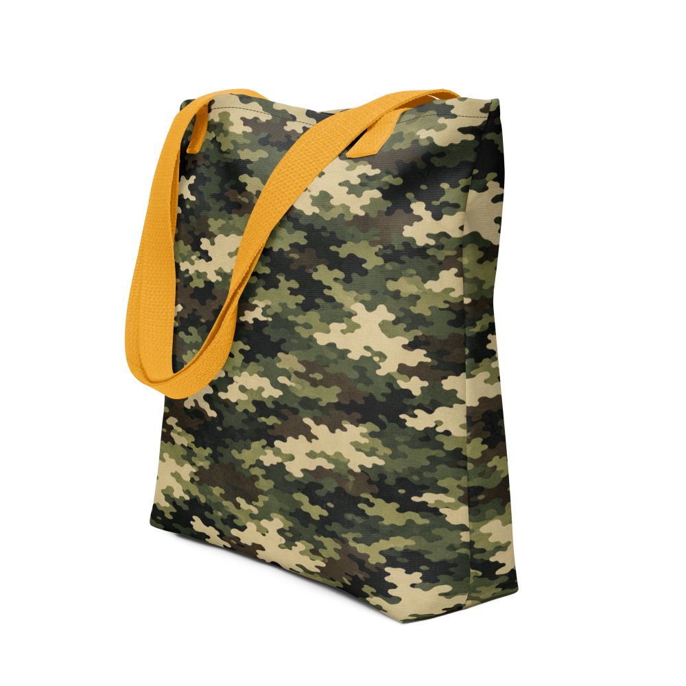 Case Temple Forest Camo tote bag yellow front view with woodland camouflage pattern and cotton handles