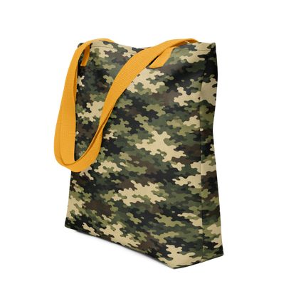 Case Temple Forest Camo tote bag yellow front view with woodland camouflage pattern and cotton handles