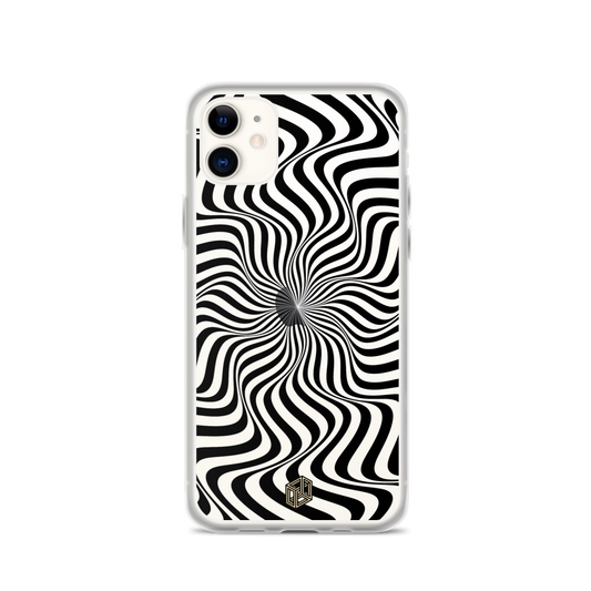 A phone case with a black and white spiral pattern, featuring a camera cutout at the top left corner and a logo at the bottom right.