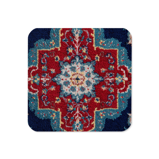 A coaster with a red and blue pattern on a white background