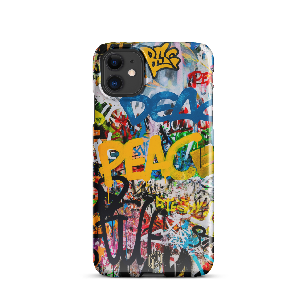 An iPhone case with a colorful graphic design featuring text and abstract art.
