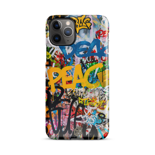 An iPhone case with a colorful graphic design featuring text and abstract art.