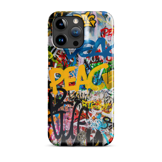 Phone case with colorful graffiti design and visible brand logo on a white background