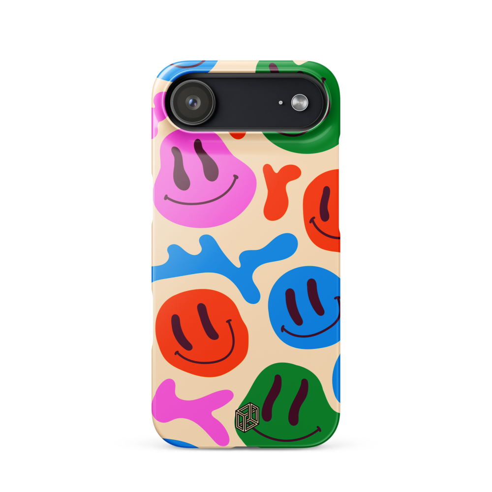iPhone case with melting smiley face design