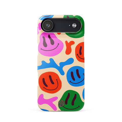 iPhone case with melting smiley face design